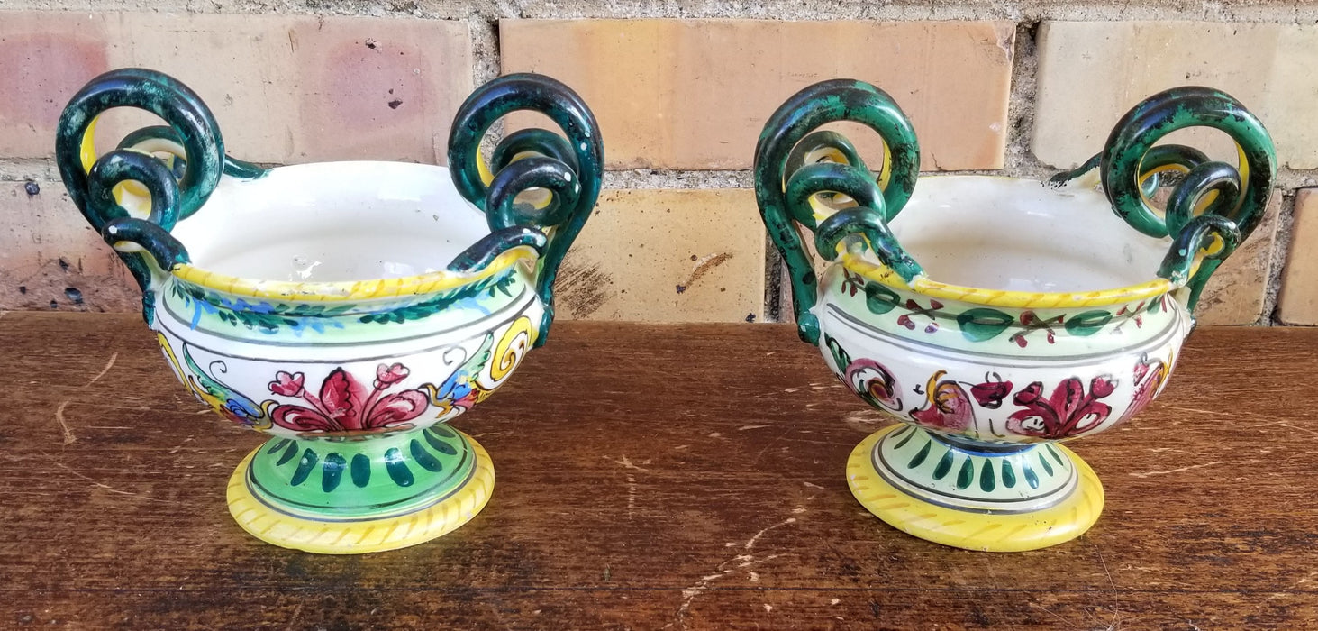 PAIR OF SMALL POLYCHROME TERRA COTTA URNS