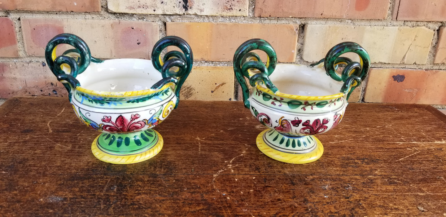 PAIR OF SMALL POLYCHROME TERRA COTTA URNS