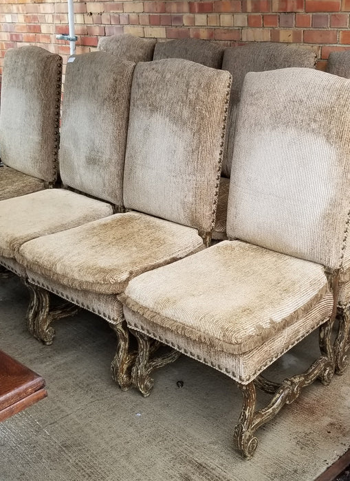 SET OF 8 OVERSIZED MUTTON BONE CHAIRS WITH TAUPE FABRICAND DISTRESSED FINISH-NOT OLD