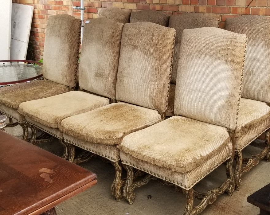 SET OF 8 OVERSIZED MUTTON BONE CHAIRS WITH TAUPE FABRICAND DISTRESSED FINISH-NOT OLD