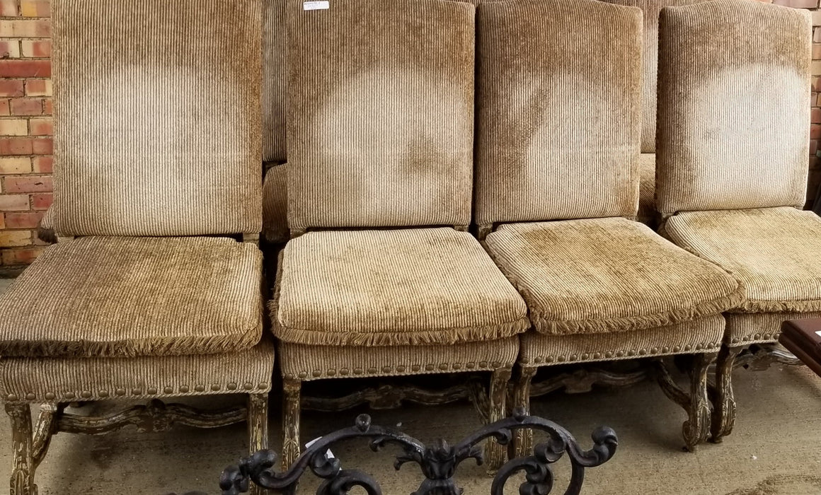 SET OF 8 OVERSIZED MUTTON BONE CHAIRS WITH TAUPE FABRICAND DISTRESSED FINISH-NOT OLD