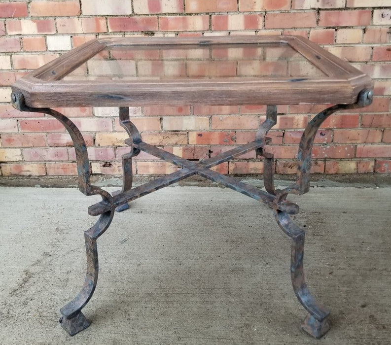 SQUARE IRON BASE SIDE TABLE WITH WOOD AND GLASS TOP