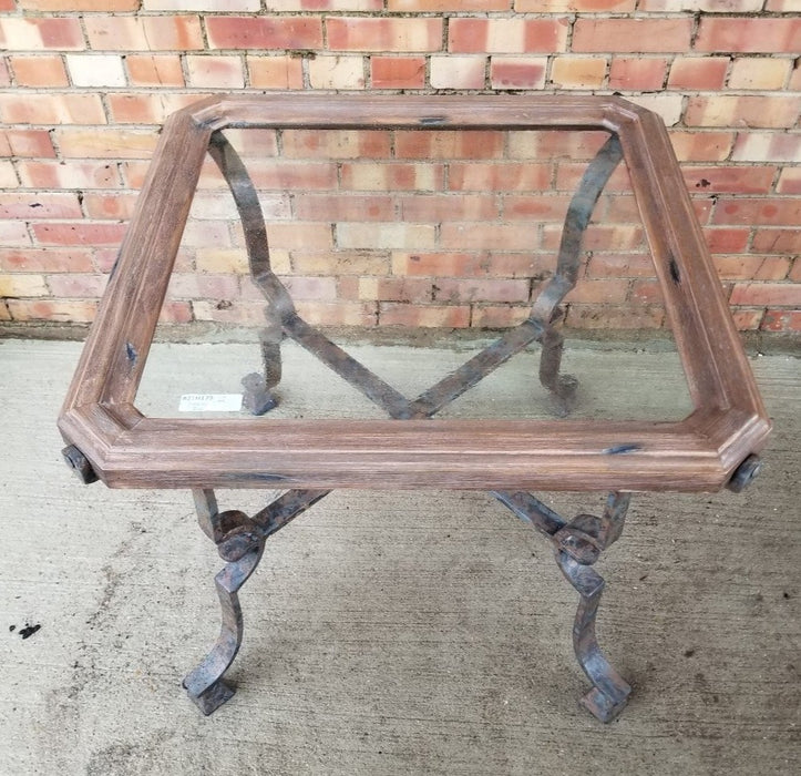 SQUARE IRON BASE SIDE TABLE WITH WOOD AND GLASS TOP