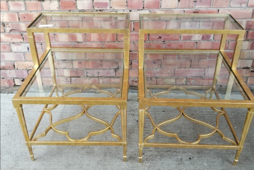 PAIR OF GILT IRON 2 TIER GLASS GLASS TOP END TABLE