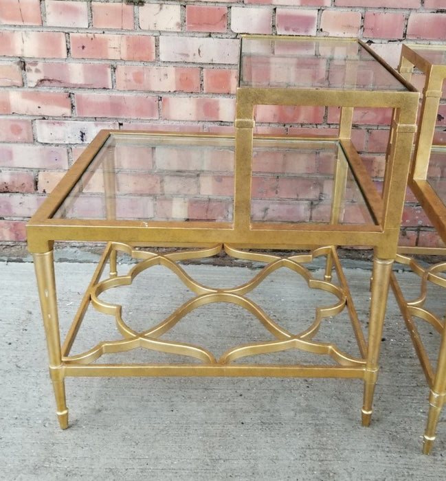 PAIR OF GILT IRON 2 TIER GLASS GLASS TOP END TABLE