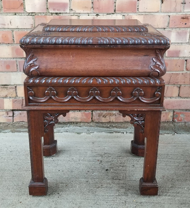 QUALITY CARVED MAHOGANY BOX ON STAND