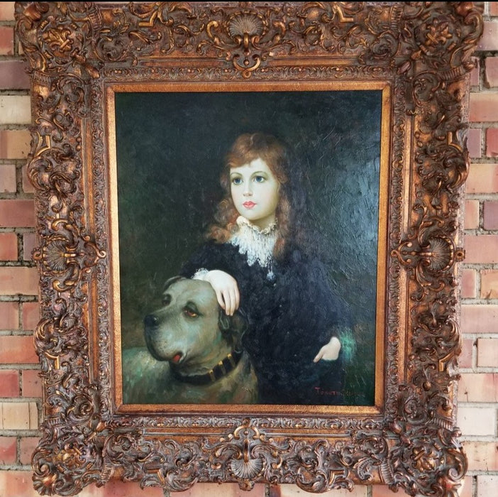 FRAMED OIL PAINTING OF A GIRL AND DOG