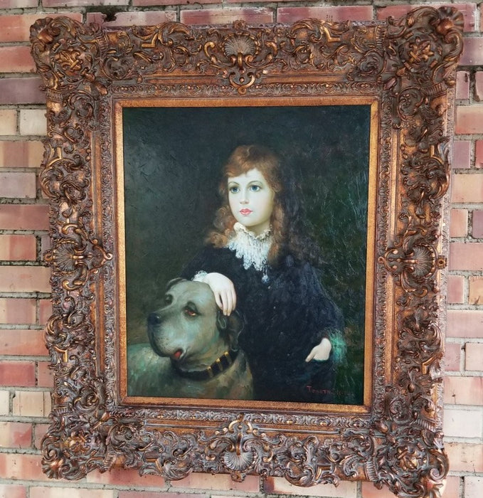 FRAMED OIL PAINTING OF A GIRL AND DOG