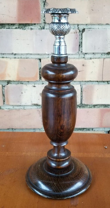 SINGLE OAK AND SILVER CANDLE STAND