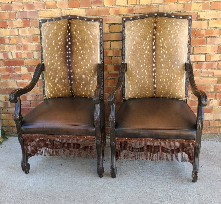 PAIR OF HIDE BACK WITH LEATHER SEATS THRONE CHAIRS