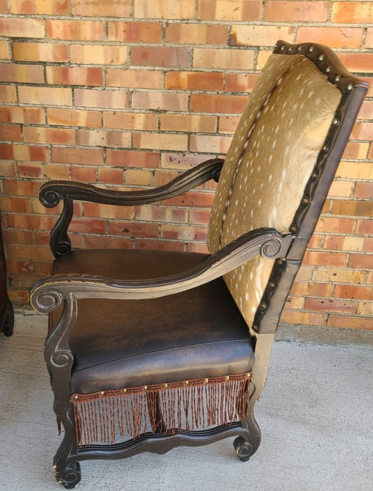 PAIR OF HIDE BACK WITH LEATHER SEATS THRONE CHAIRS