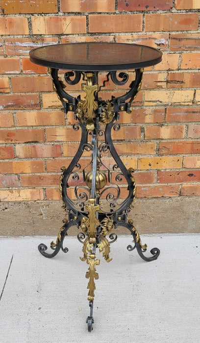 ORNATE IRON AND BRASS STAND WITH EMBOSSED METAL TOP
