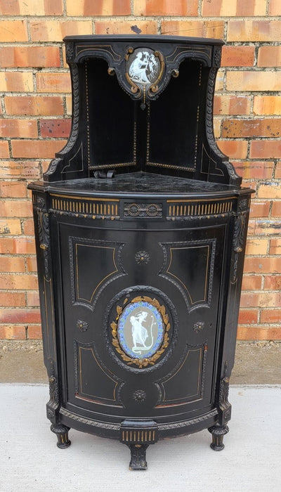 EBONIZED FRENCH NAPOLEON CORNER CABINET WITH CLASSICAL ADOURNMENT