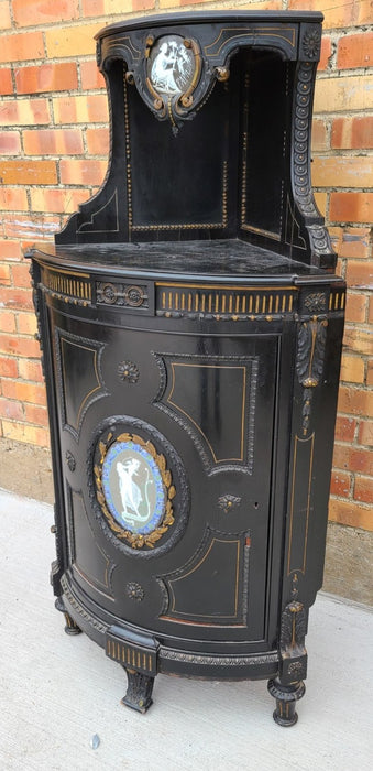 EBONIZED FRENCH NAPOLEON CORNER CABINET WITH CLASSICAL ADOURNMENT