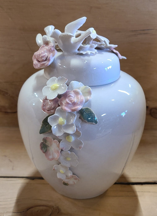 GINGER JAR WITH FLORAL AND BIRD DESIGN