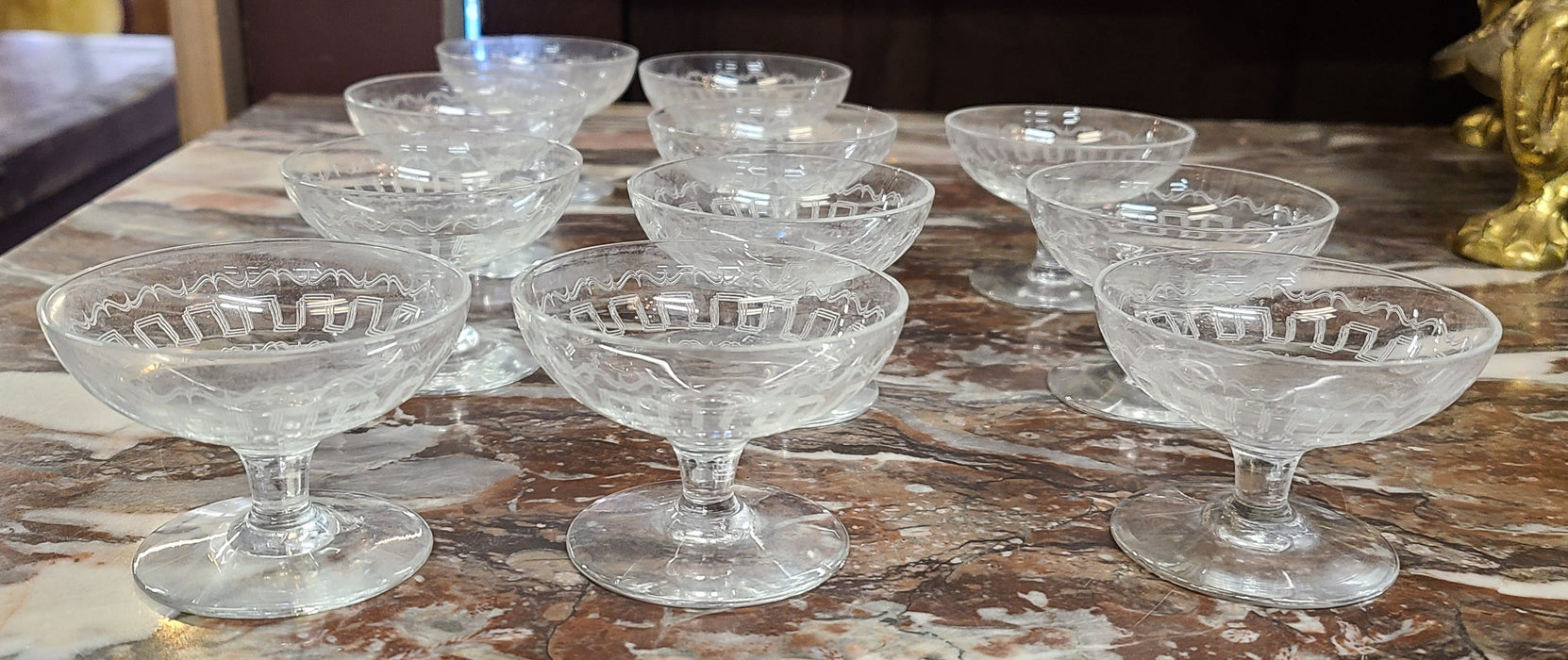 SET OF 11 ETCHED CRYSTAL SMALL CORDIALS