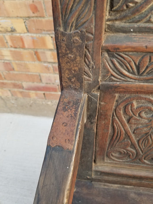 EARLY FRET CARVED OAK HIGH BACKARM CHAIR