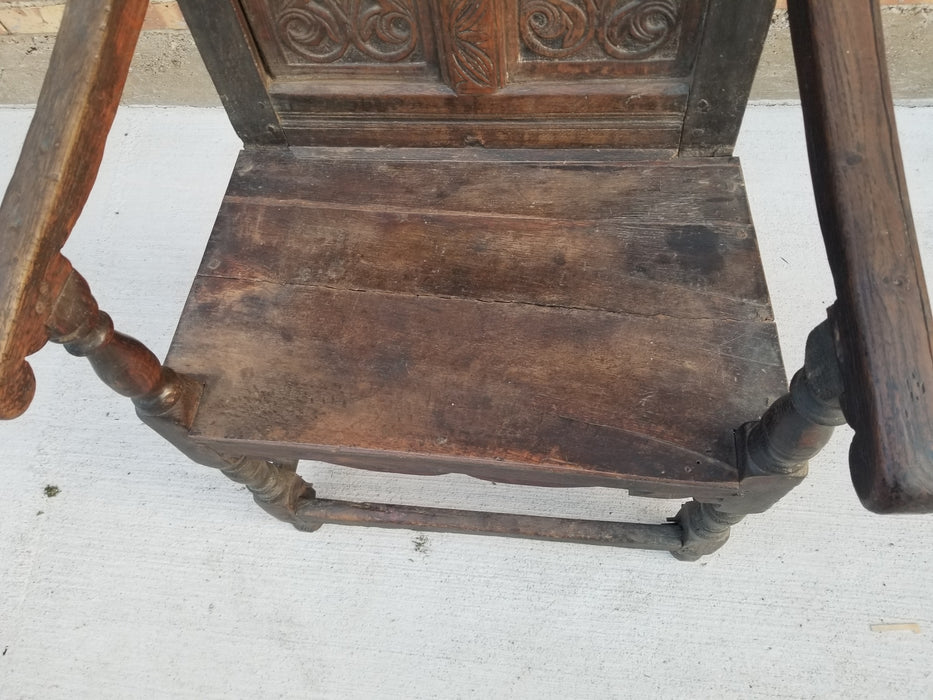 EARLY FRET CARVED OAK HIGH BACKARM CHAIR