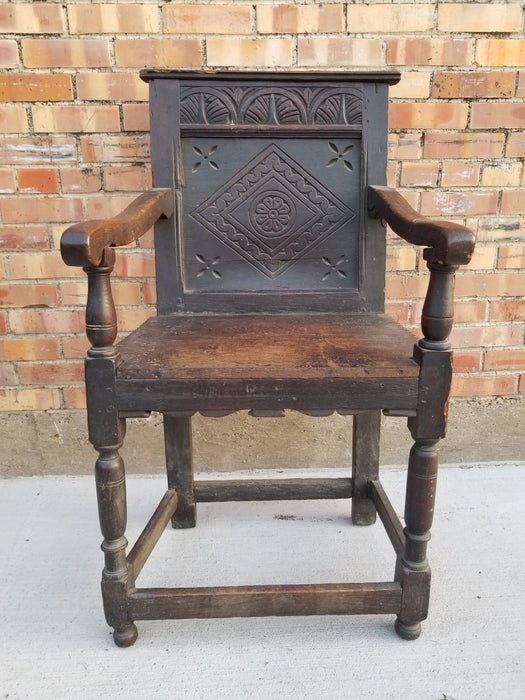 EARLY FRET CARVED FLAT TOP OAK ARM CHAIR