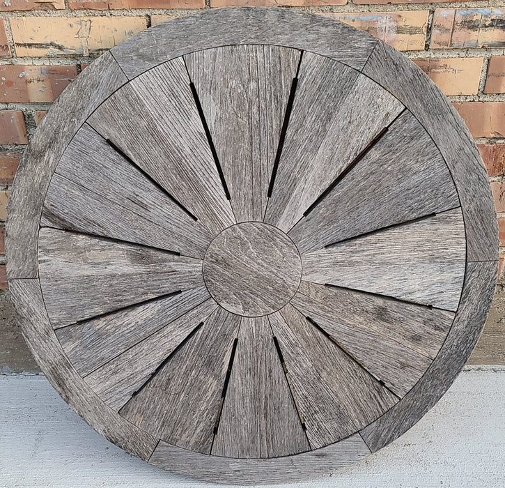 COOL ROUND WEATHERED TABLE TOP MADE OF STRIPS OF PIE SHAPED WOOD