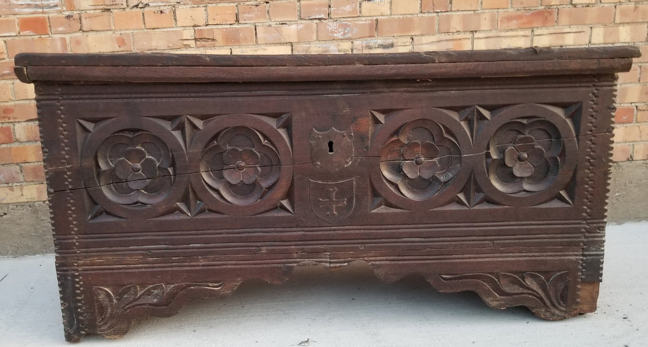 18TH CENTURY OAK FOLIATE CARVED COFFER WITH STRAP HINGES-RESTORED