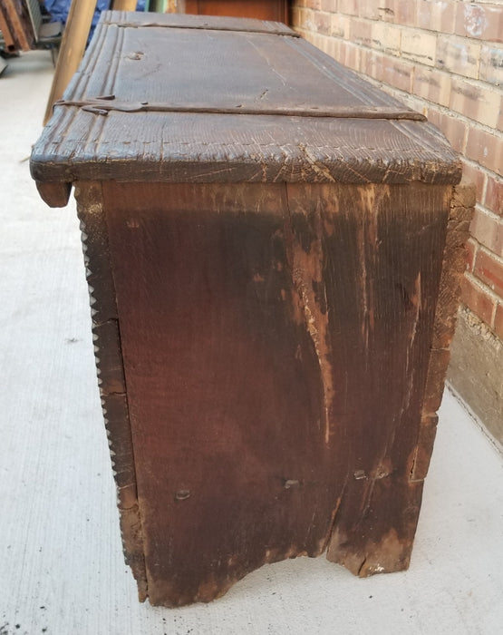 18TH CENTURY OAK FOLIATE CARVED COFFER WITH STRAP HINGES-RESTORED