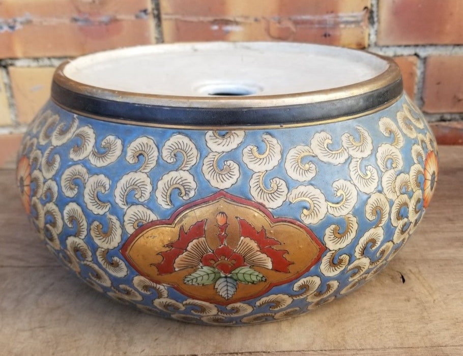 ASIAN ROUND BLUE AND CORAL POTTERY BASE-AS FOUND