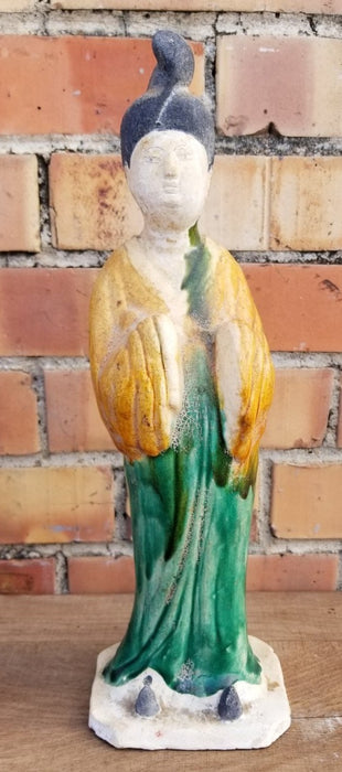 GLAZED POTTERY GREEN GEISHA STATUE