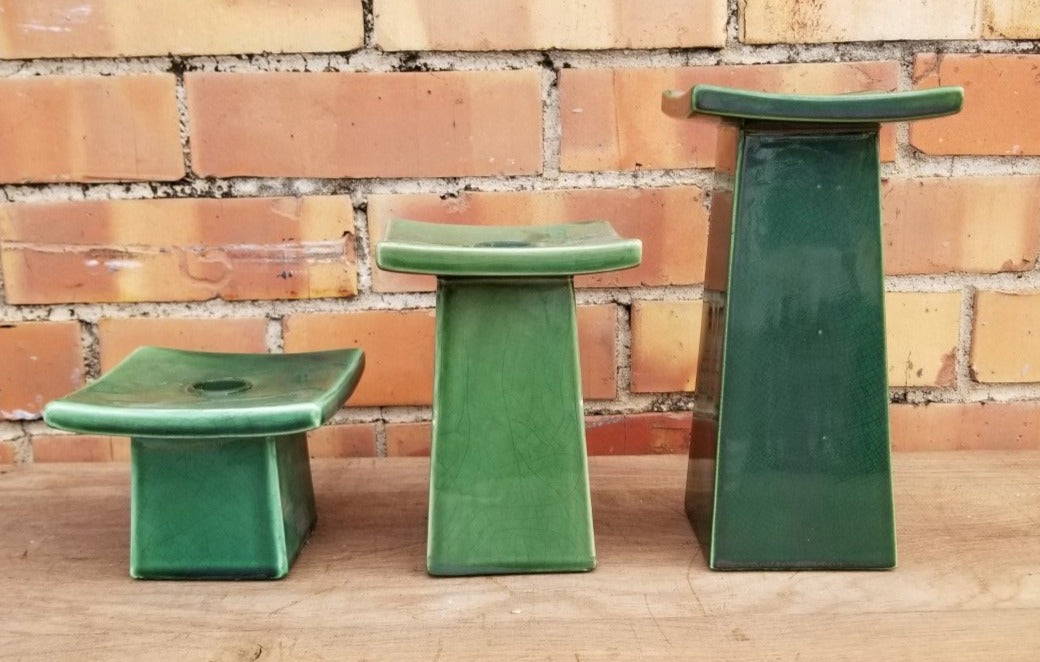 3 PIECE GREEN ASIAN POTTERY CANDLE STANDS