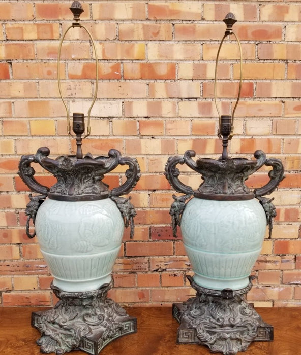 PAIR OF LARGE METAL AND CELADON LAMPS