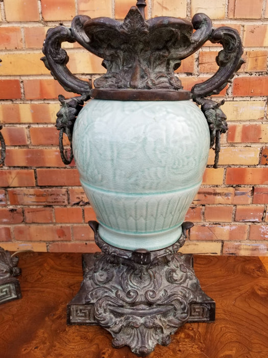 PAIR OF LARGE METAL AND CELADON LAMPS