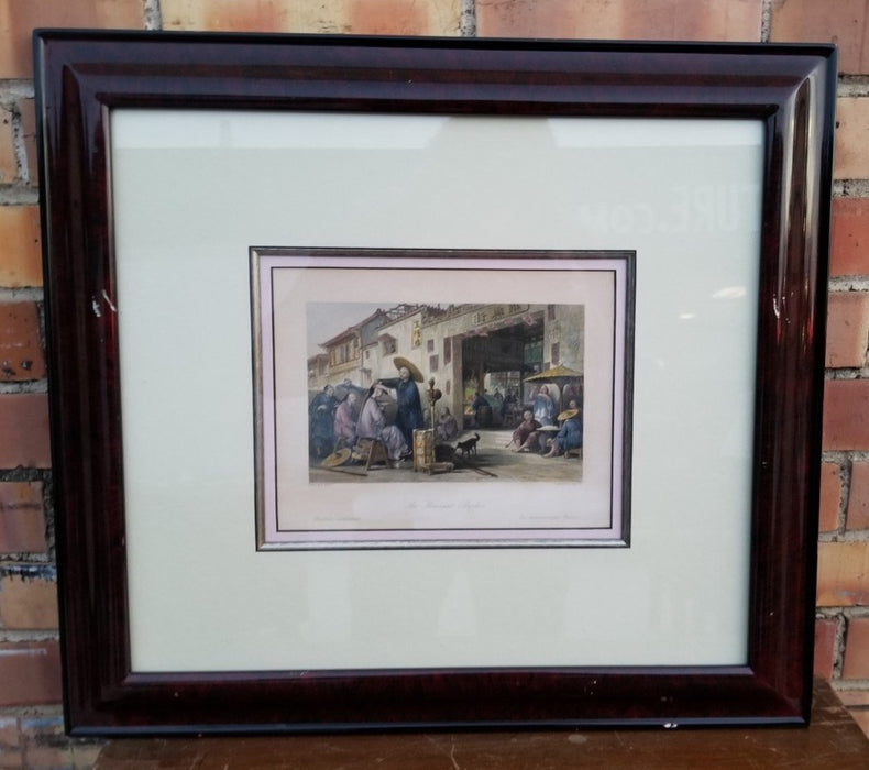 ASIAN ETCHING IN FRAME-VILLAGE SCENE