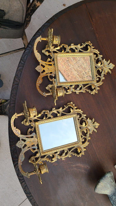SOLD PAIR OF MIRRORED BRASS CANDLE SCONCES