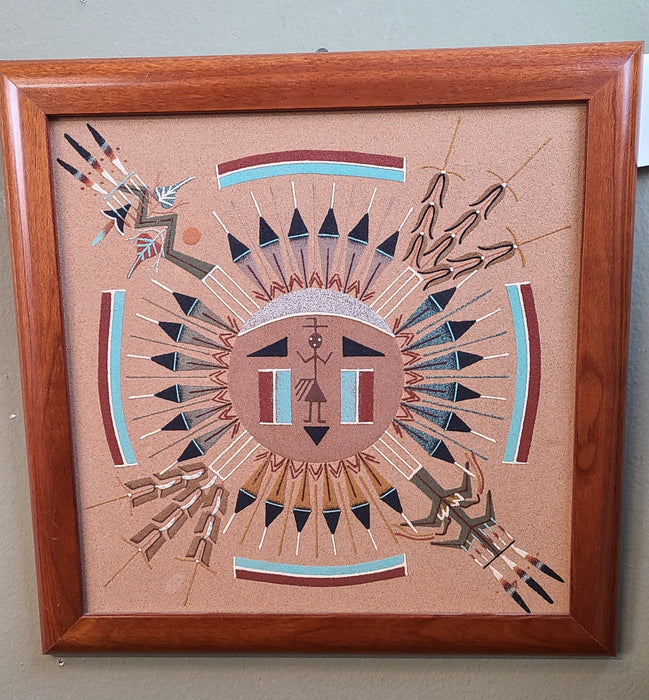 MEDIUM NAVAJO SAND PAINTING WITH FIGURE IN CENTER