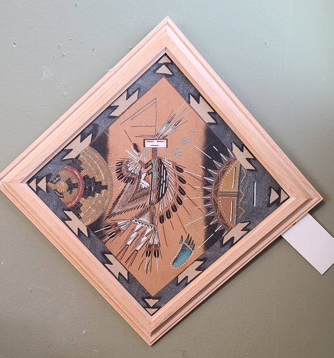 LARGE NAVAJO SAND PAINTING WITH WHITE WASH FRAME