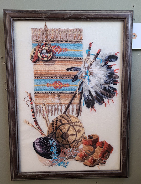 EMBROIDERED MIX MEDIA NATIVE AMERICAN ART WITH HEAD DRESS