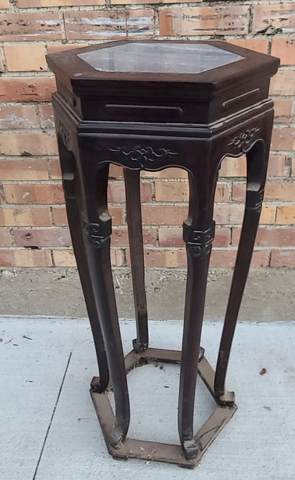 AS FOUND HEXAGON BROWN CHINESE STAND WITH CURVED LEGS