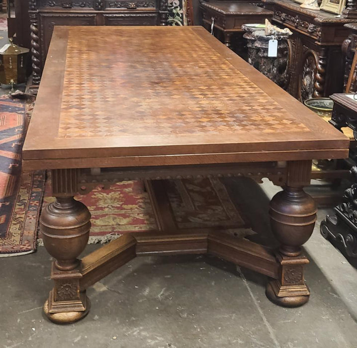 HUGE TUDOR OAK PARQUET TOP DRAW LEAF TABLE