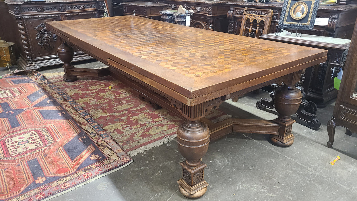 HUGE TUDOR OAK PARQUET TOP DRAW LEAF TABLE