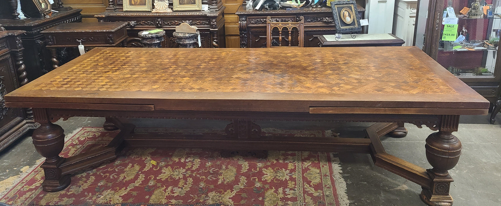 HUGE TUDOR OAK PARQUET TOP DRAW LEAF TABLE