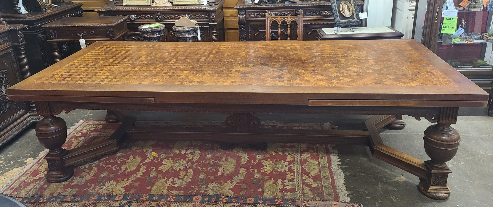 HUGE TUDOR OAK PARQUET TOP DRAW LEAF TABLE