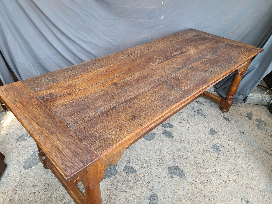 LARGE 19TH CENTURY DARK OAK HARVEST TABLE WITH BREADBOARD ENDS