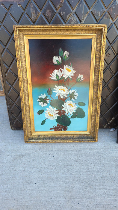 VERTICAL OIL PAINTING OF BLOOMING WATER LILIES IN ANTIQUE FRAME