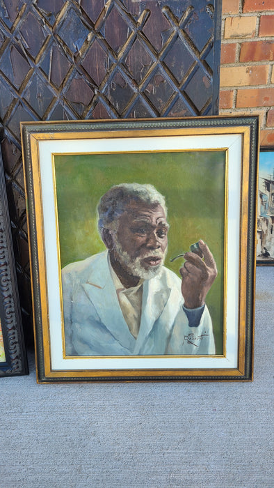 FRAMED OIL PAINTING OF AN AFRICAN AMERICAN MAN WITH A PIPE SIGNED ROBERTS