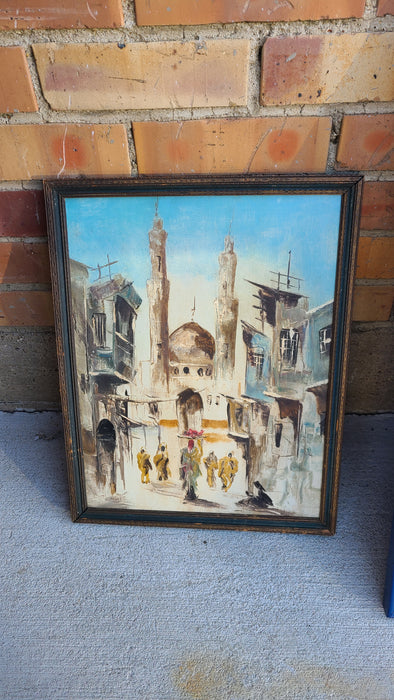 FRAMED IMPRESSIONIST OIL PAINTING OF A MOSQUE ON A STREET