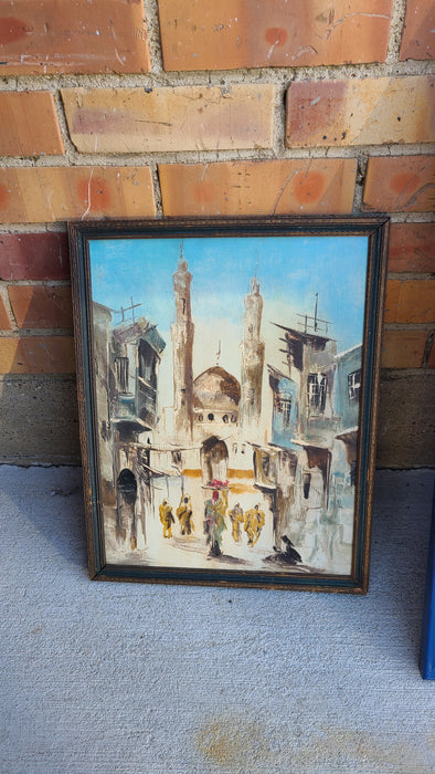 FRAMED IMPRESSIONIST OIL PAINTING OF A MOSQUE ON A STREET