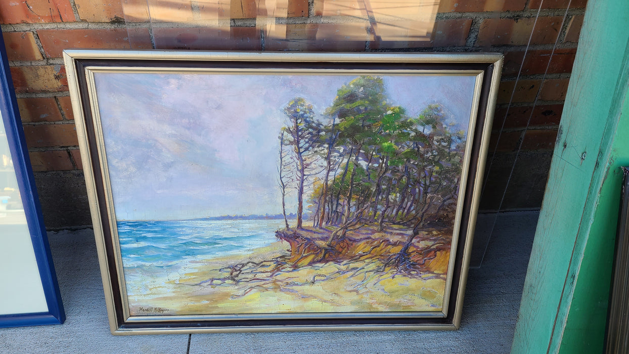 FRAMED OIL PAINTING OF A A LAKE SHORE WITH TREE ROOTS SIGNES WENDELL ROGERS