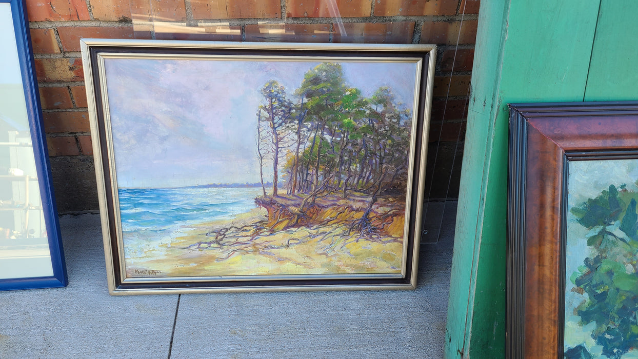 FRAMED OIL PAINTING OF A A LAKE SHORE WITH TREE ROOTS SIGNES WENDELL ROGERS