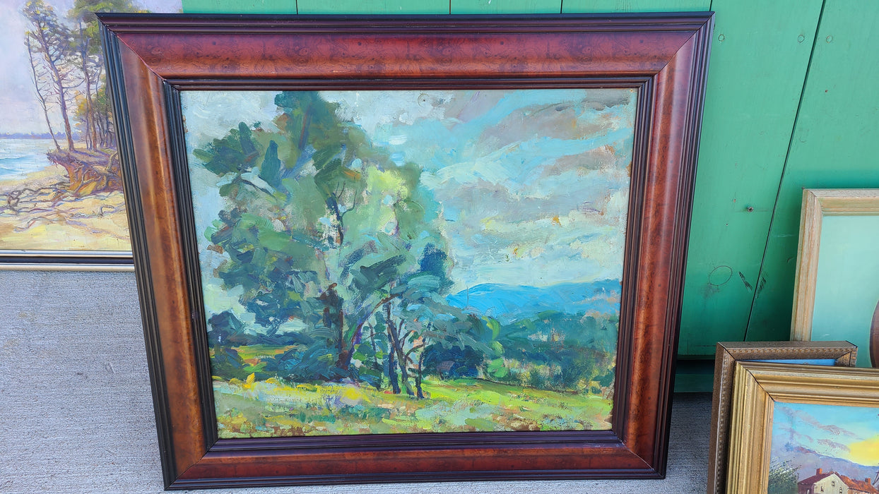 BURLED FRAMED IMPRESSIONIST OIL PAINTING OF  BLUE AND GREEN TREES