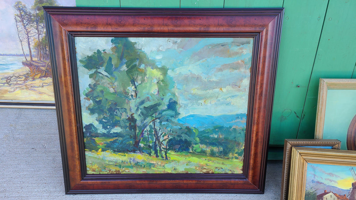 BURLED FRAMED IMPRESSIONIST OIL PAINTING OF  BLUE AND GREEN TREES